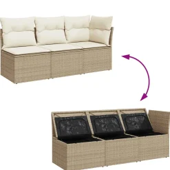 vidaXL Tuinbank 3-zits met kussens poly rattan beige