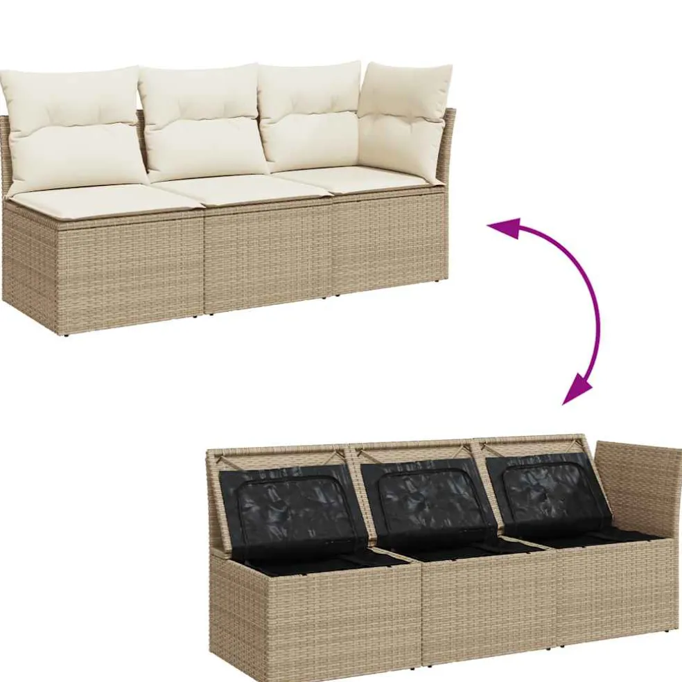 vidaXL Tuinbank 3-zits met kussens poly rattan beige