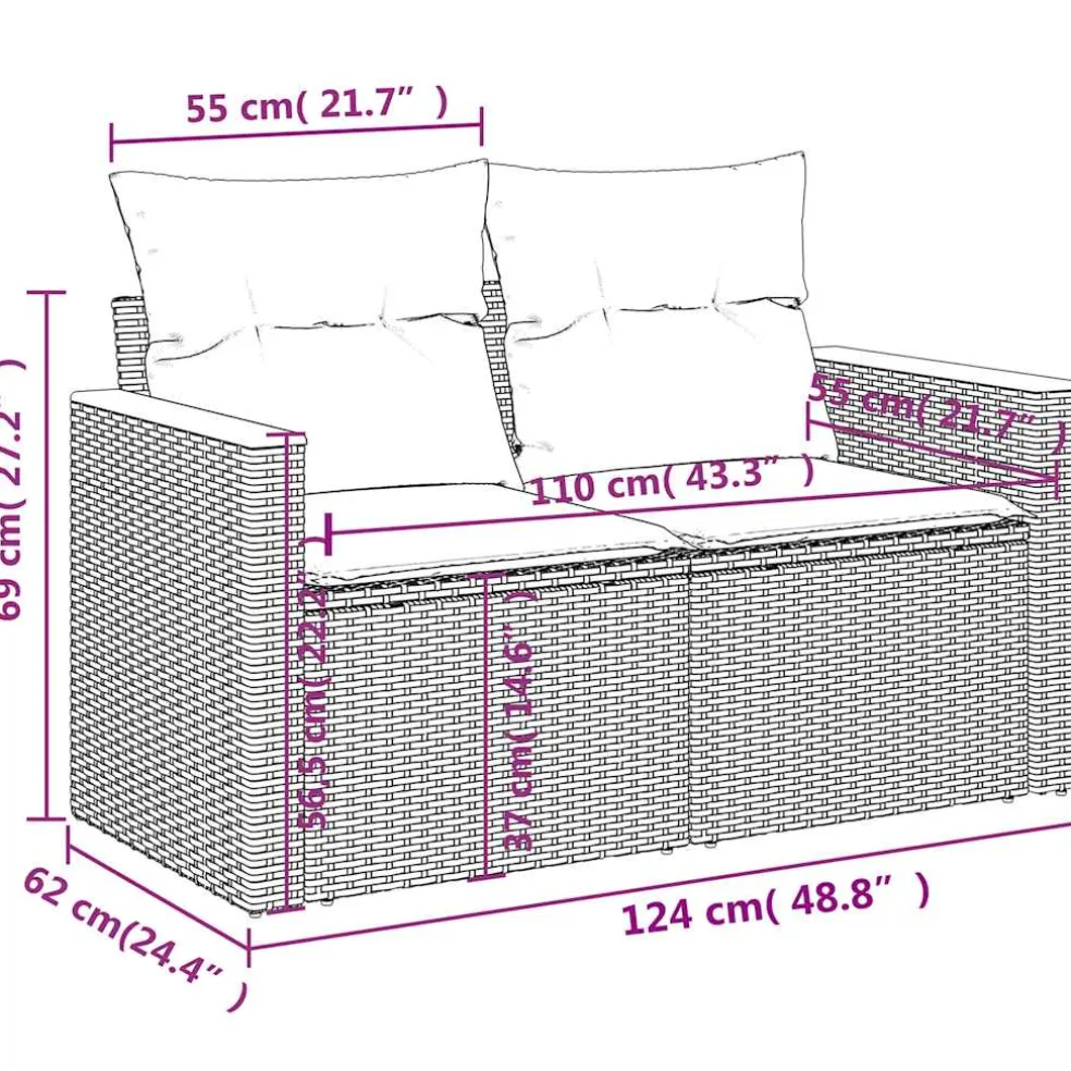 vidaXL Tuinbank 2-zits met kussens poly rattan beige