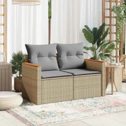 vidaXL Tuinbank 2-zits met kussens poly rattan beige