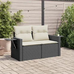 vidaXL Tuinbank 2-zits met kussens poly rattan zwart