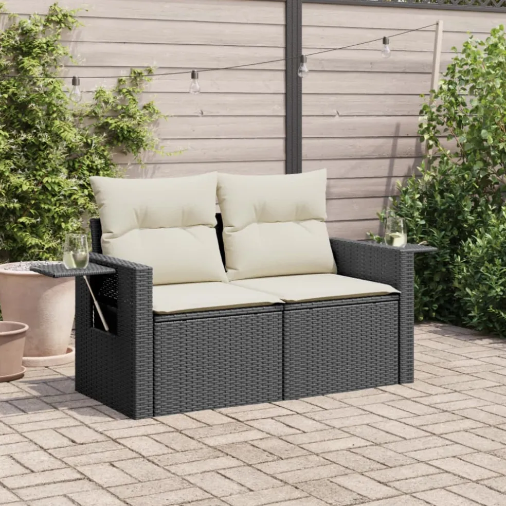 vidaXL Tuinbank 2-zits met kussens poly rattan zwart