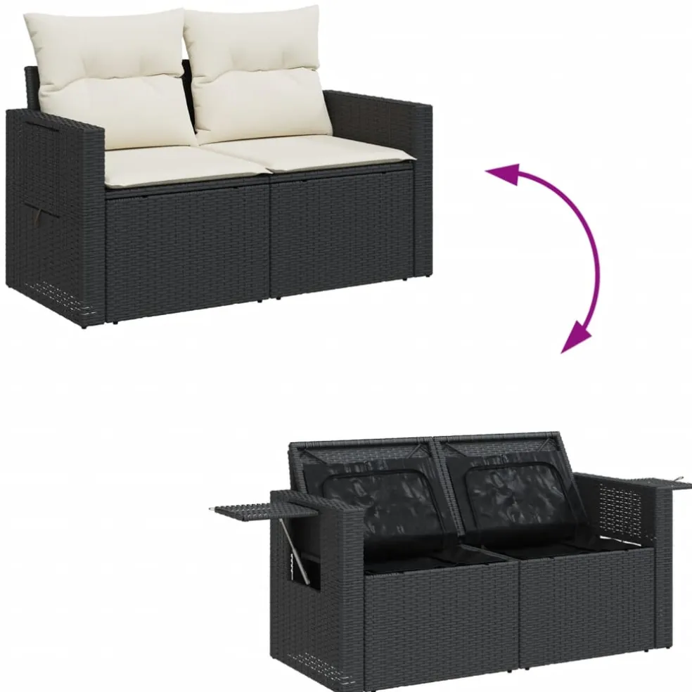 vidaXL Tuinbank 2-zits met kussens poly rattan zwart
