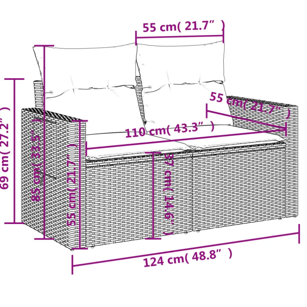 vidaXL Tuinbank 2-zits met kussens poly rattan zwart