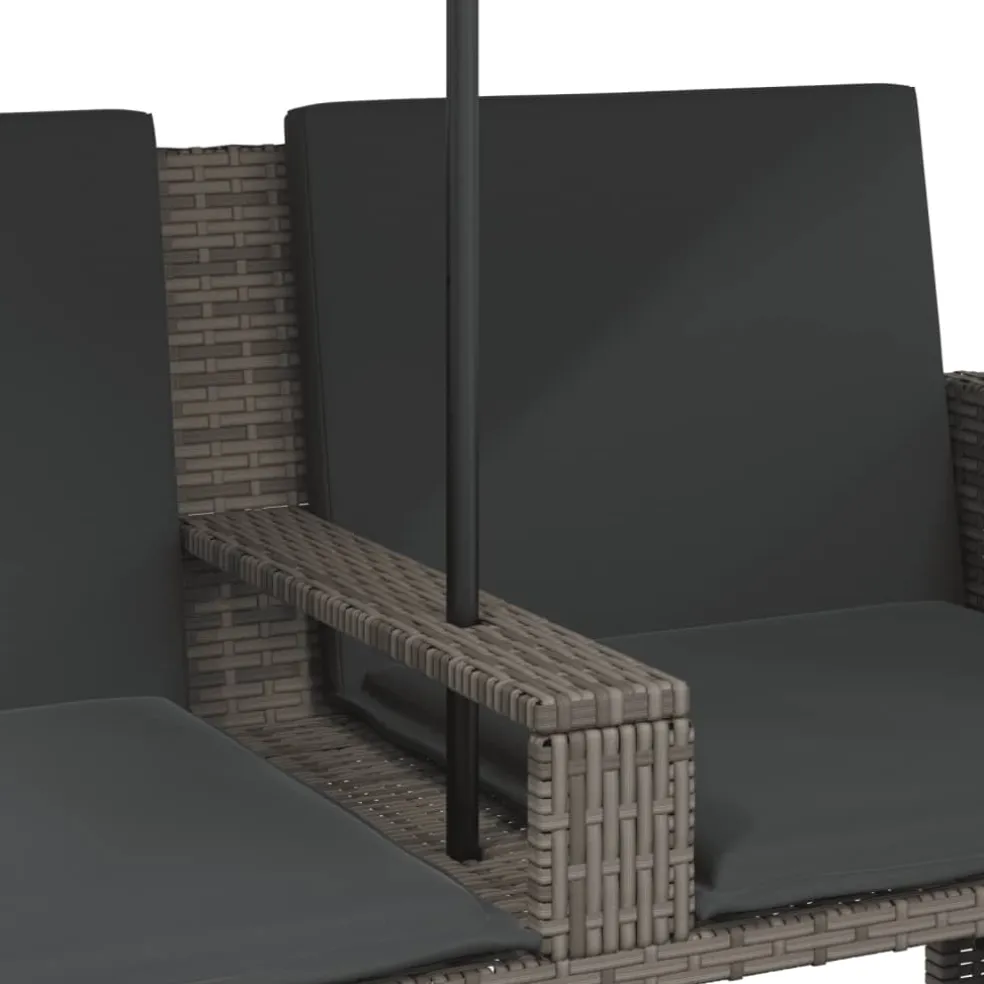 vidaXL Tuinbank 2-zits met parasol en voetenbanken poly rattan grijs