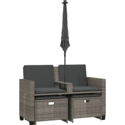 vidaXL Tuinbank 2-zits met parasol en voetenbanken poly rattan grijs