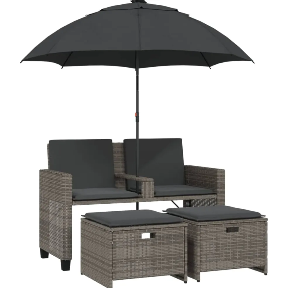vidaXL Tuinbank 2-zits met parasol en voetenbanken poly rattan grijs