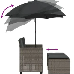 vidaXL Tuinbank 2-zits met parasol en voetenbanken poly rattan grijs