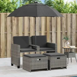 vidaXL Tuinbank 2-zits met parasol en voetenbanken poly rattan grijs