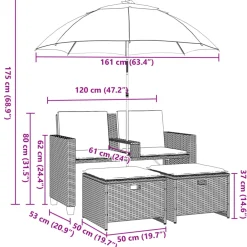 vidaXL Tuinbank 2-zits met parasol en voetenbanken poly rattan grijs