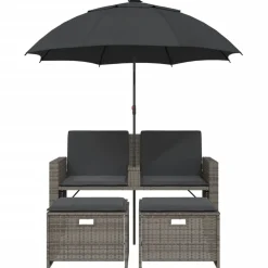 vidaXL Tuinbank 2-zits met parasol en voetenbanken poly rattan grijs