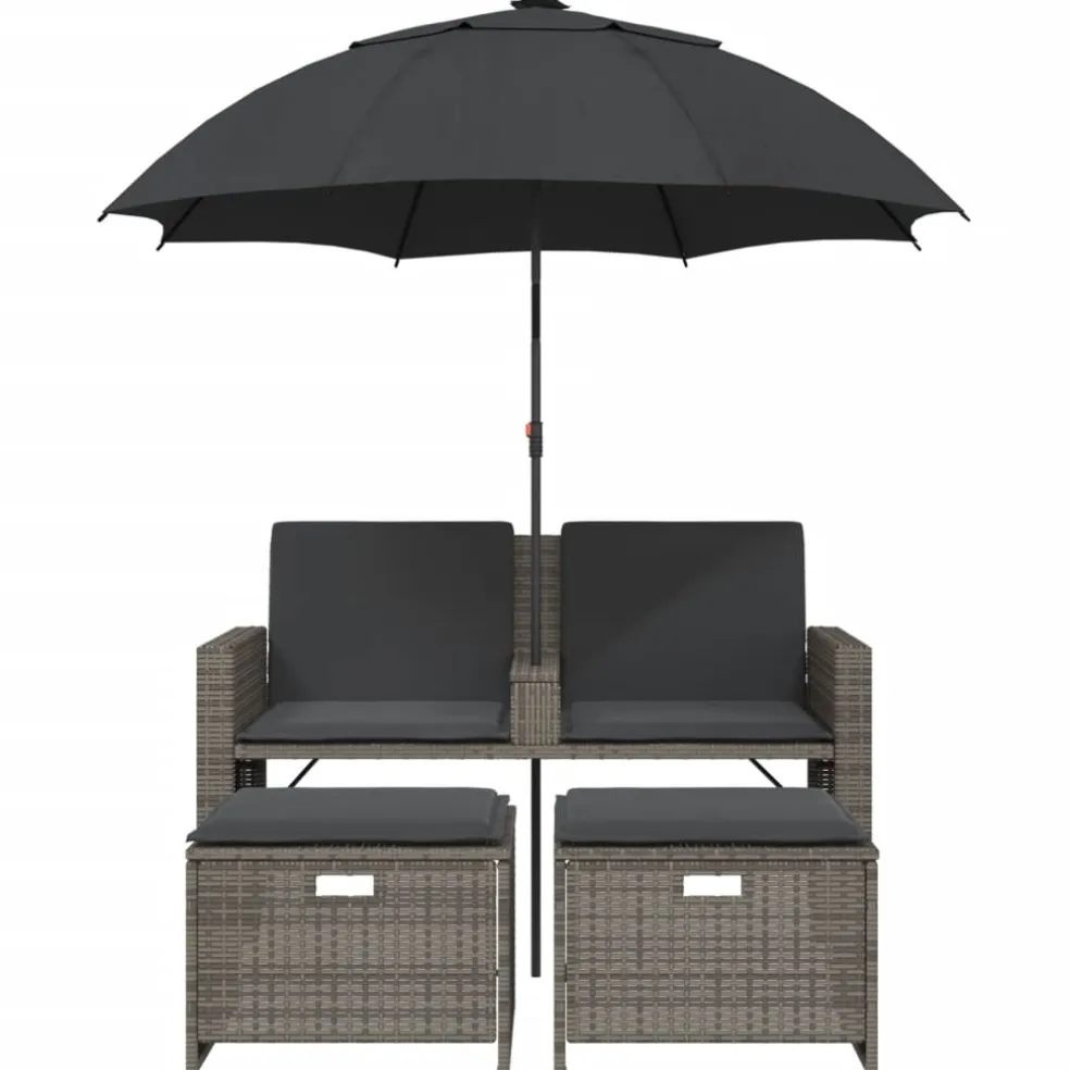 vidaXL Tuinbank 2-zits met parasol en voetenbanken poly rattan grijs