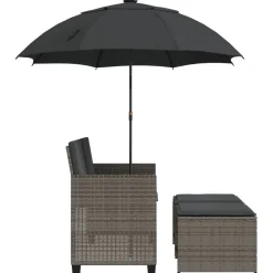 vidaXL Tuinbank 2-zits met parasol en voetenbanken poly rattan grijs