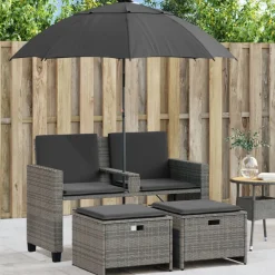 vidaXL Tuinbank 2-zits met parasol en voetenbanken poly rattan grijs