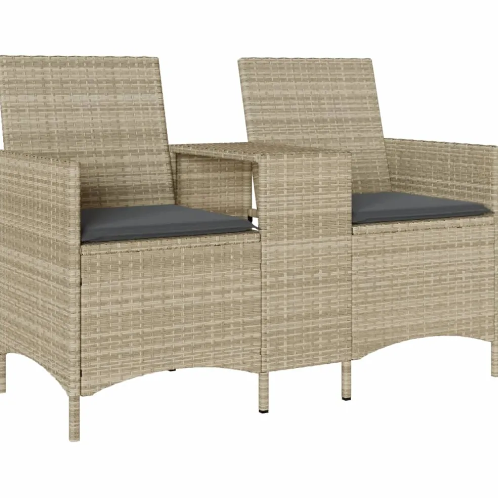 vidaXL Tuinbank 2-zits met tafel en kussens poly rattan lichtgrijs