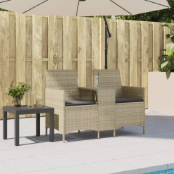 vidaXL Tuinbank 2-zits met tafel en kussens poly rattan lichtgrijs