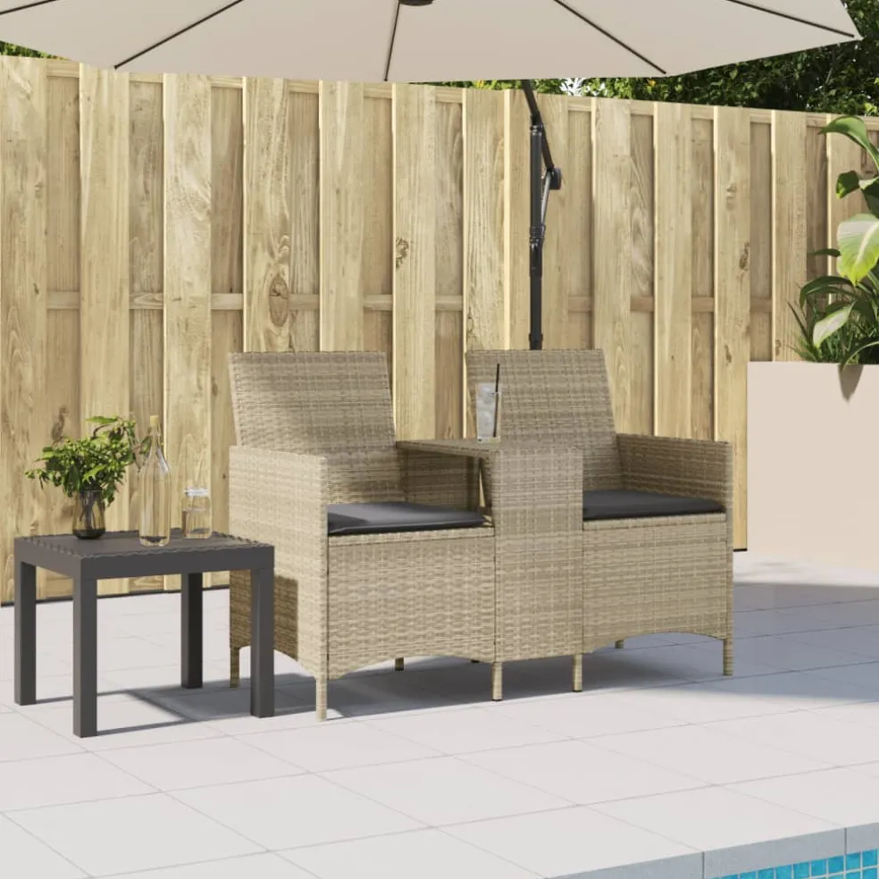 vidaXL Tuinbank 2-zits met tafel en kussens poly rattan lichtgrijs