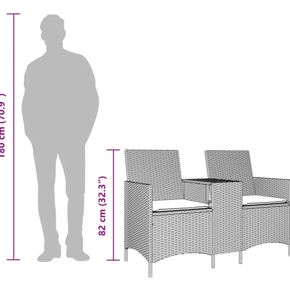 vidaXL Tuinbank 2-zits met tafel en kussens poly rattan lichtgrijs