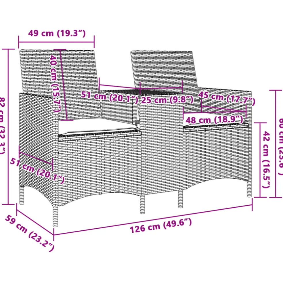 vidaXL Tuinbank 2-zits met tafel en kussens poly rattan lichtgrijs