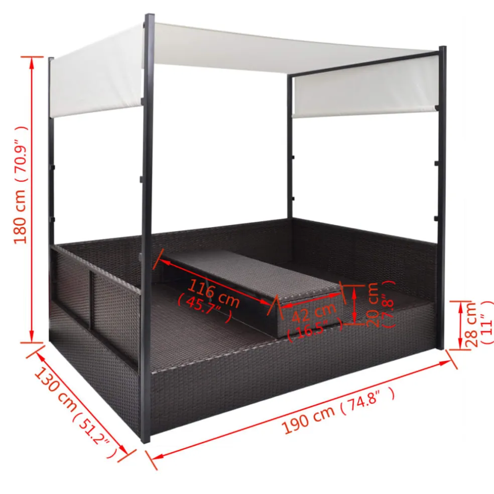 vidaXL Tuinbed met luifel 190x130 cm poly rattan bruin