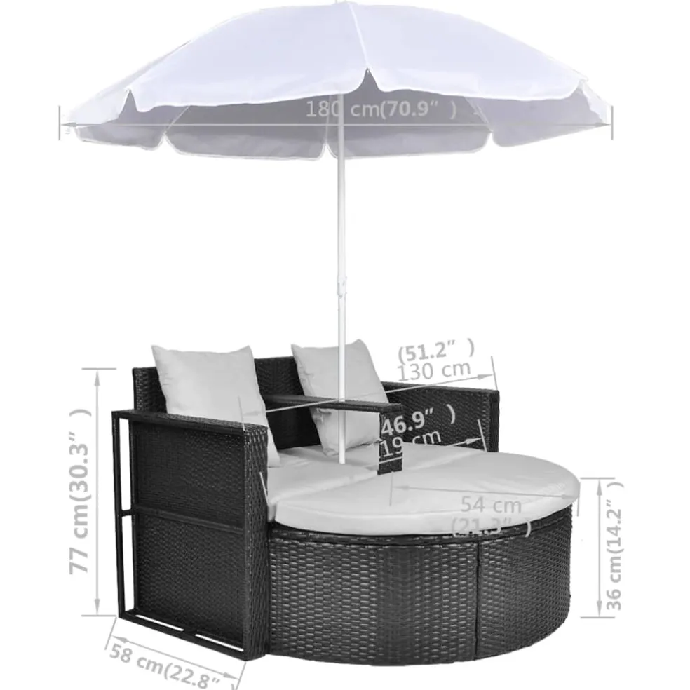 vidaXL Tuinbed met parasol poly rattan zwart