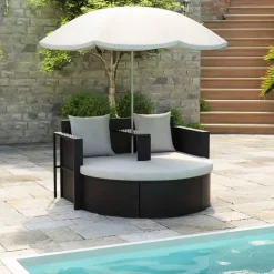 vidaXL Tuinbed met parasol poly rattan zwart