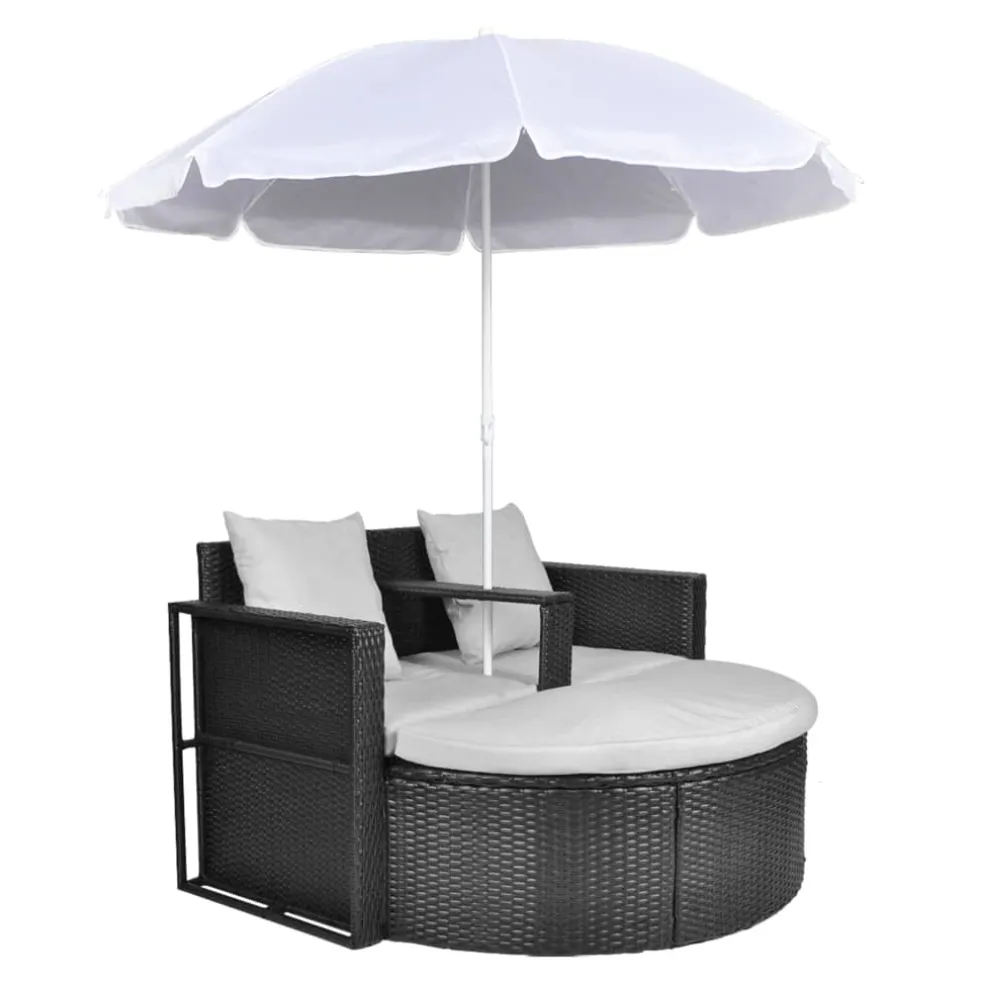 vidaXL Tuinbed met parasol poly rattan zwart