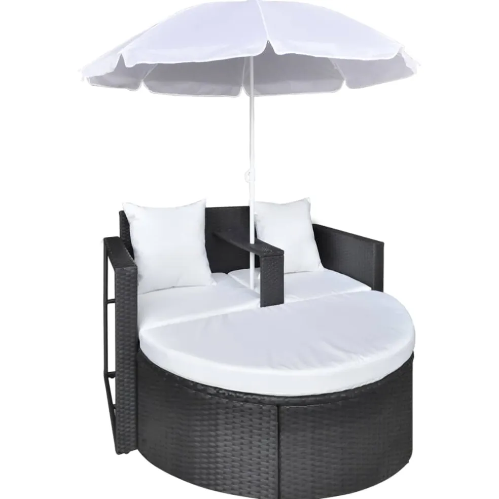 vidaXL Tuinbed met parasol poly rattan zwart