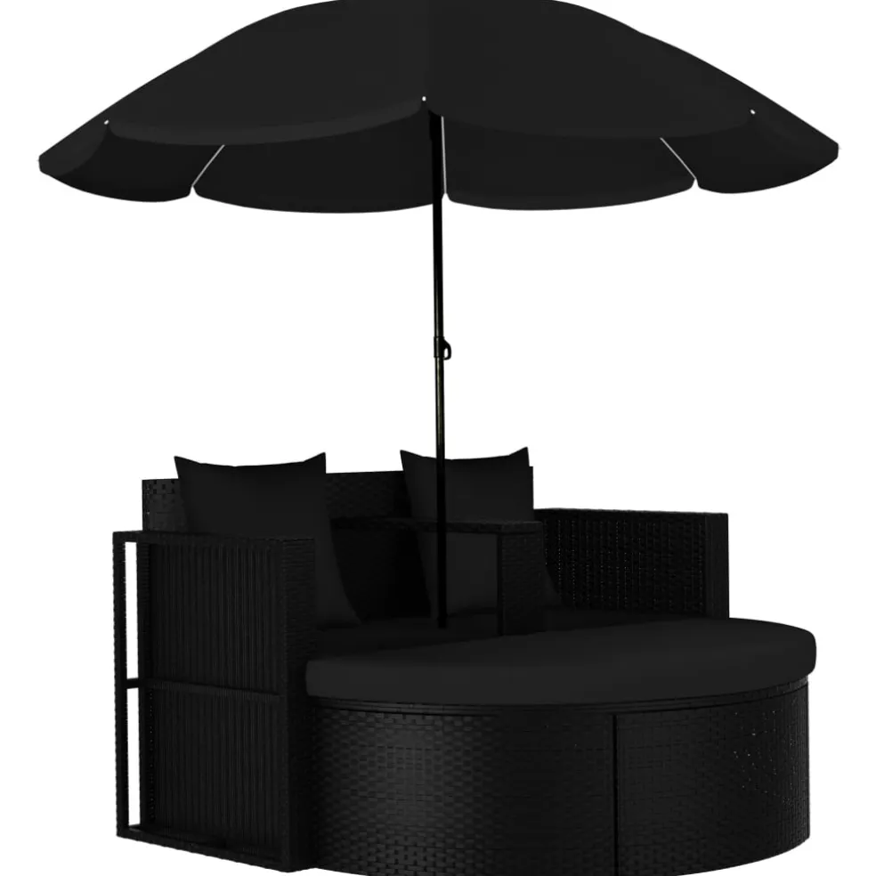 vidaXL Tuinbed met parasol poly rattan zwart