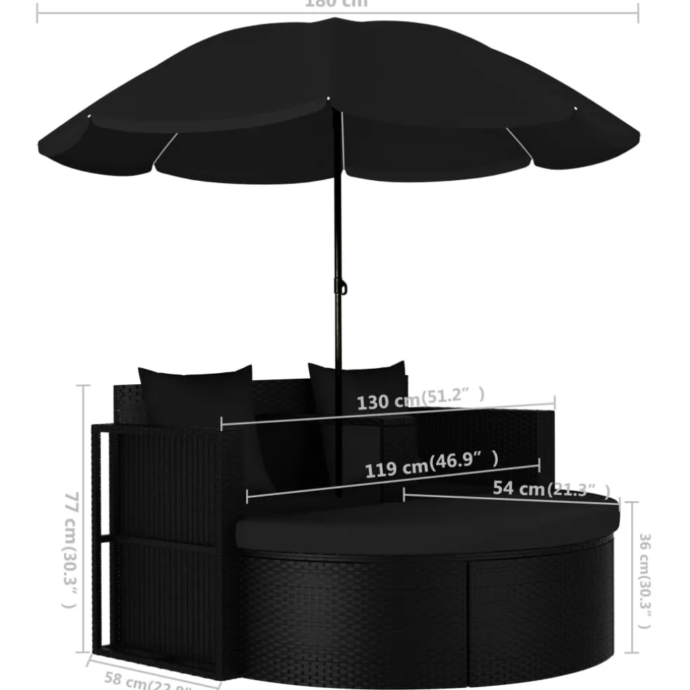 vidaXL Tuinbed met parasol poly rattan zwart