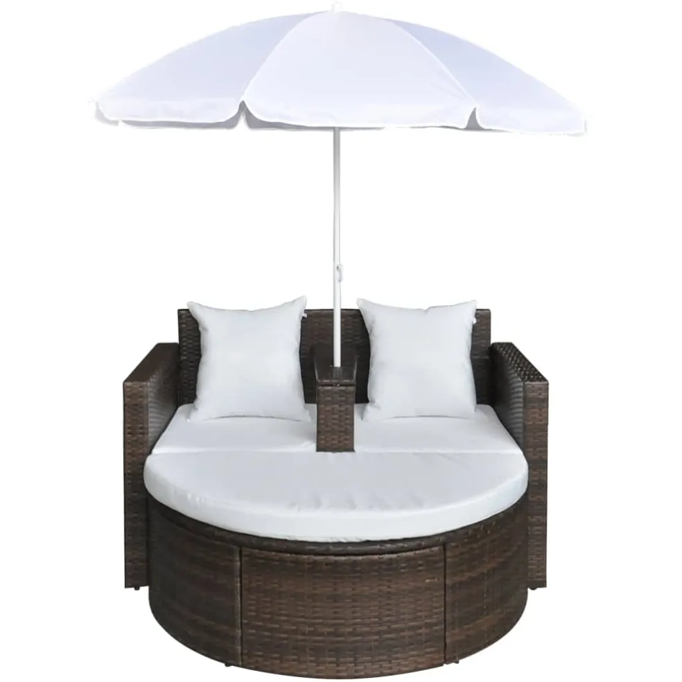 vidaXL Tuinbed met parasol poly rattan bruin
