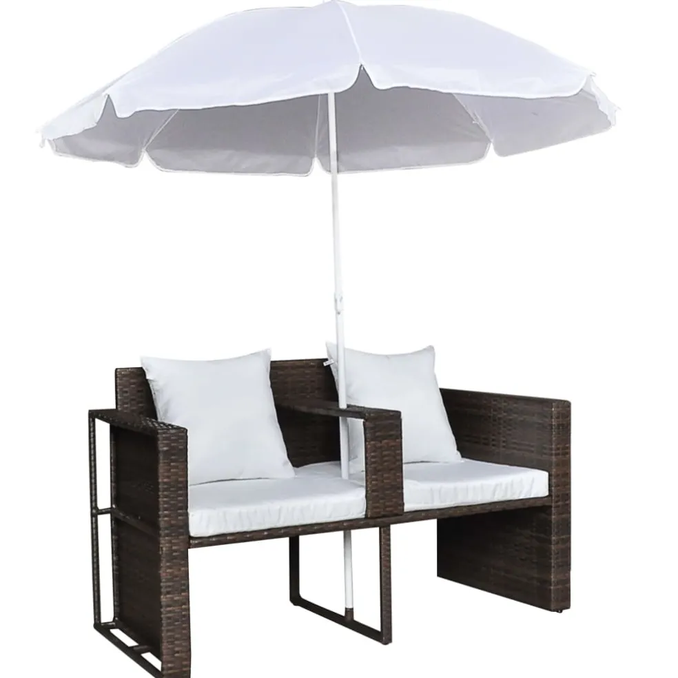 vidaXL Tuinbed met parasol poly rattan bruin