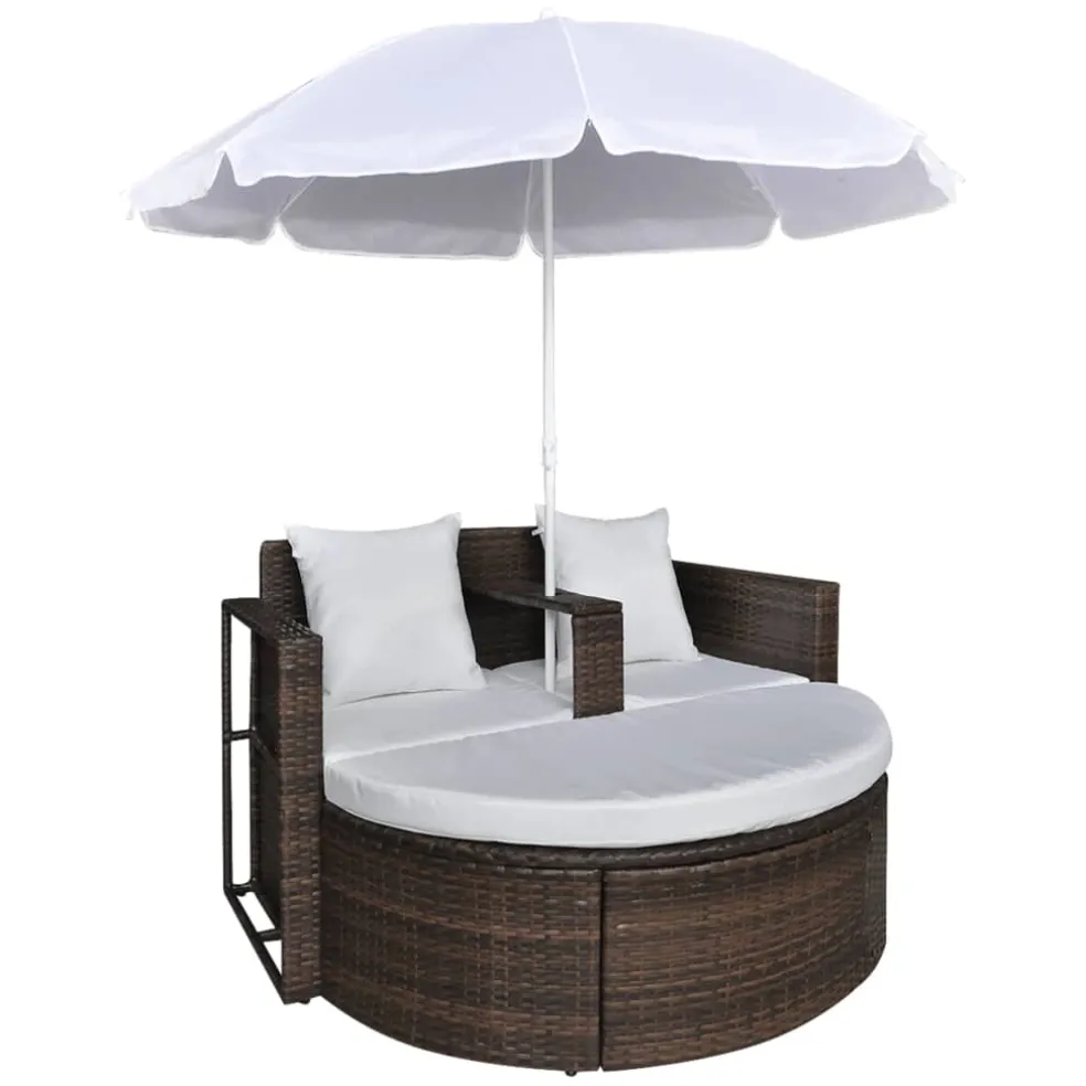 vidaXL Tuinbed met parasol poly rattan bruin