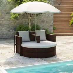 vidaXL Tuinbed met parasol poly rattan bruin