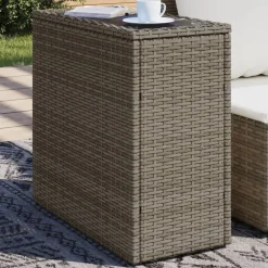 vidaXL Tuinbijzettafel met glazen blad 58x27,5x55 cm poly rattan grijs