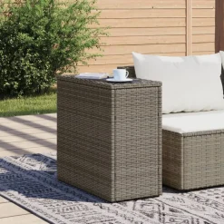 vidaXL Tuinbijzettafel met glazen blad 58x27,5x55 cm poly rattan grijs