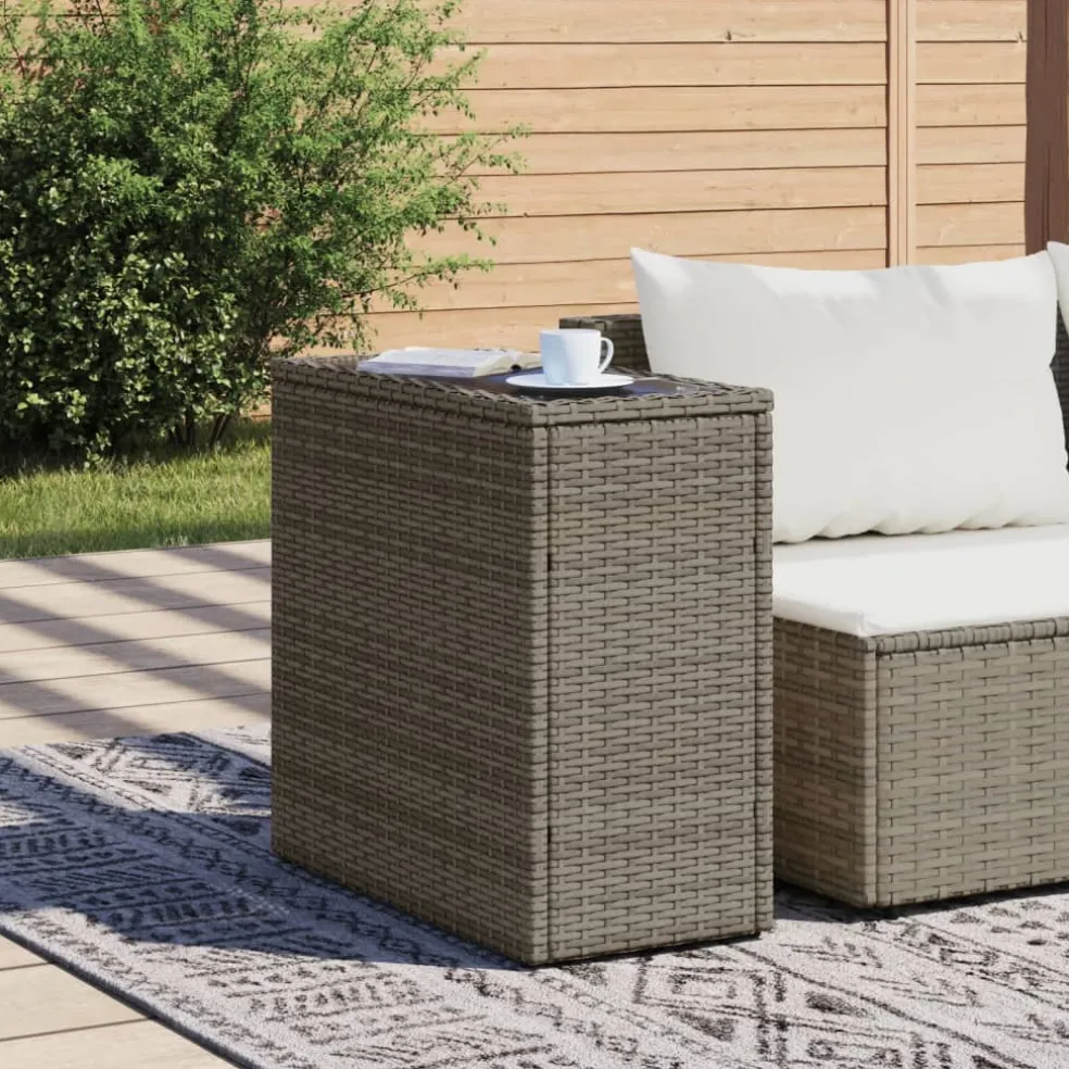 vidaXL Tuinbijzettafel met glazen blad 58x27,5x55 cm poly rattan grijs