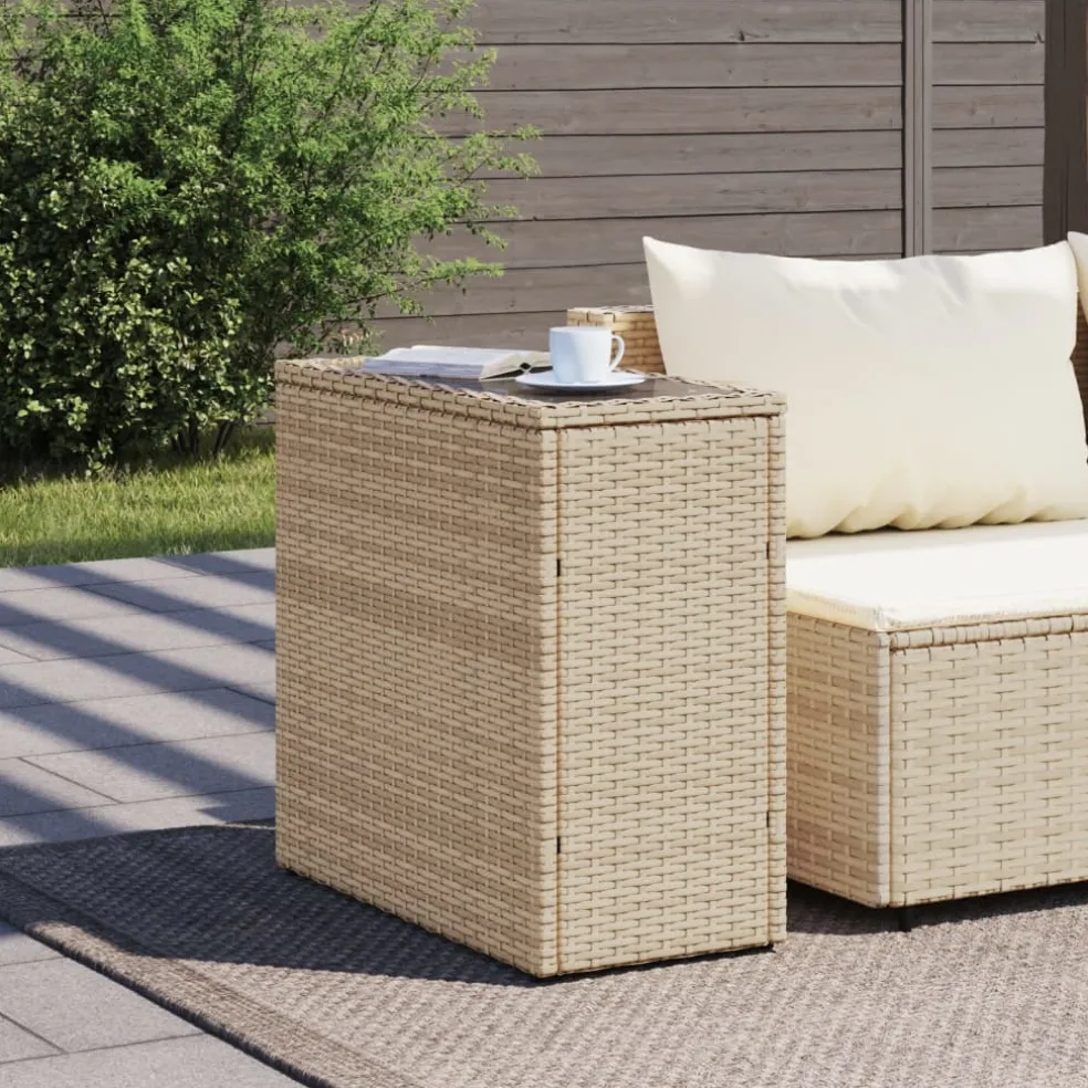 vidaXL Tuinbijzettafel met glazen blad 58x27,5x55 cm poly rattan beige