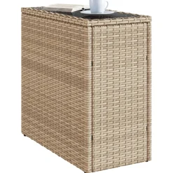 vidaXL Tuinbijzettafel met glazen blad 58x27,5x55 cm poly rattan beige