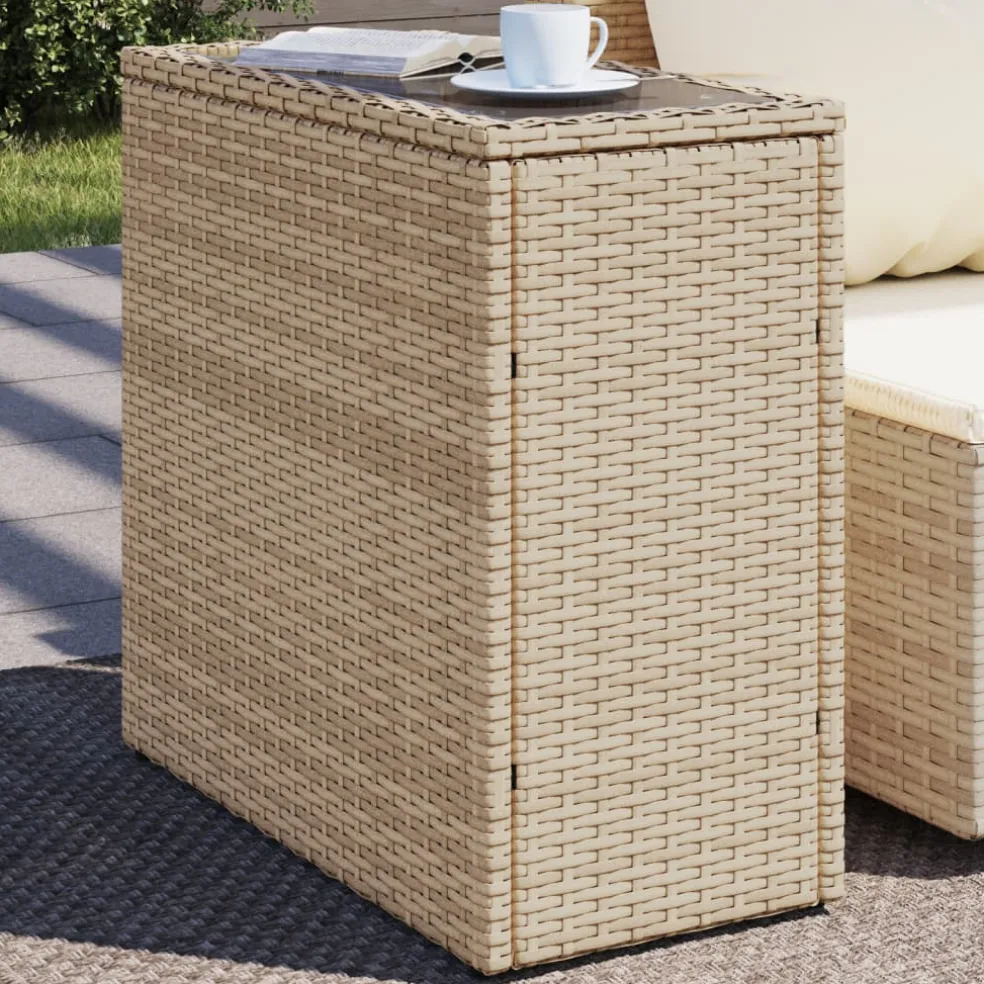 vidaXL Tuinbijzettafel met glazen blad 58x27,5x55 cm poly rattan beige