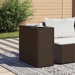 vidaXL Tuinbijzettafel met glazen blad 58x27,5x55 cm poly rattan bruin