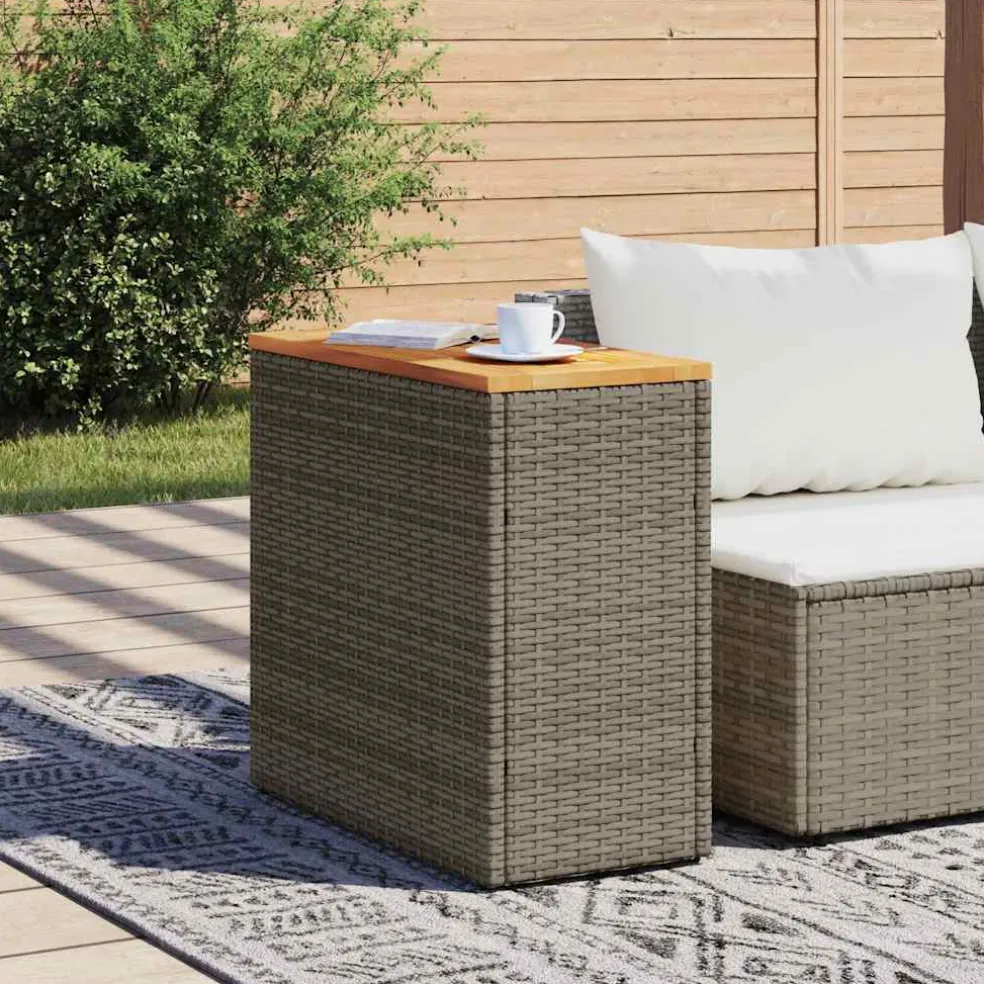 vidaXL Tuinbijzettafel met houten blad 58x27,5x55 cm poly rattan grijs