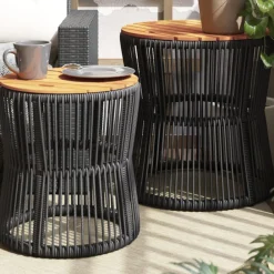 vidaXL Tuinbijzettafels 2 st met houten blad poly rattan zwart