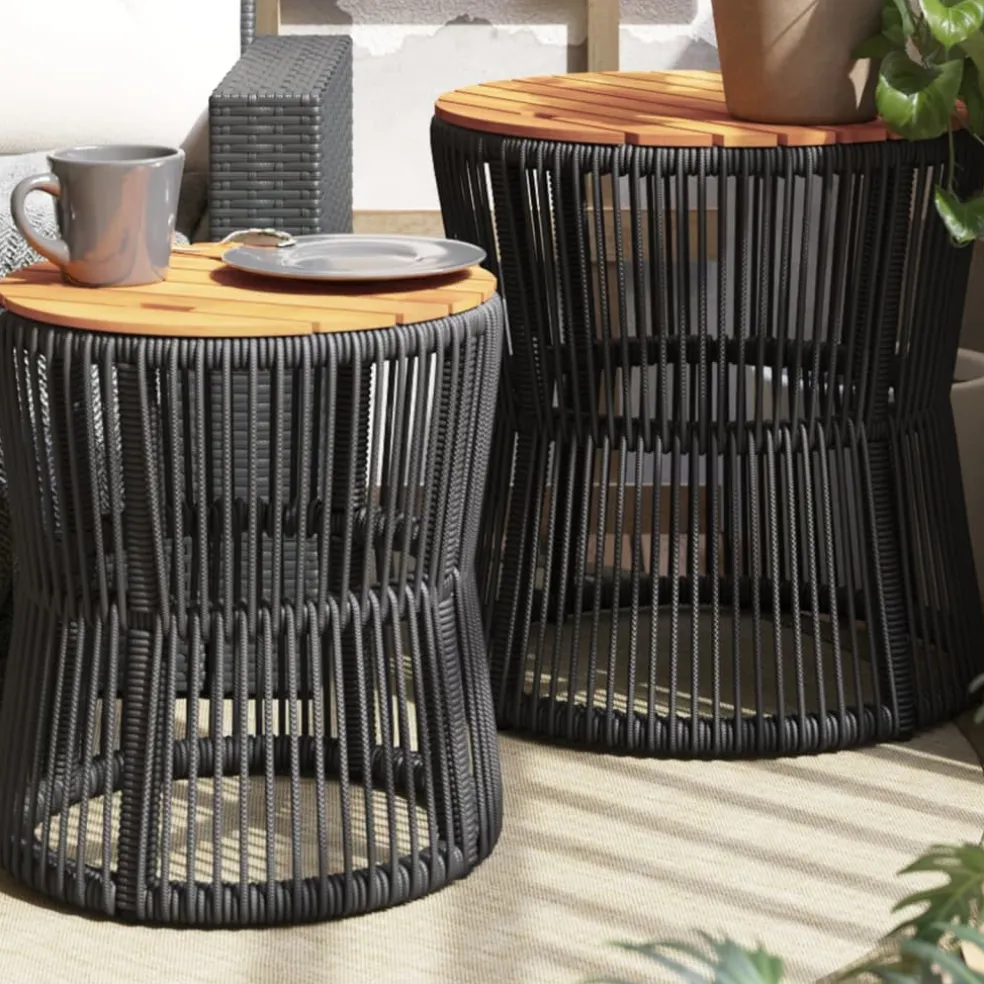 vidaXL Tuinbijzettafels 2 st met houten blad poly rattan zwart