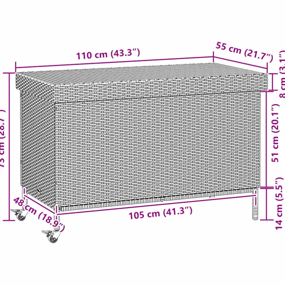 vidaXL Tuinbox met wielen 110x55x73 cm poly rattan grijs