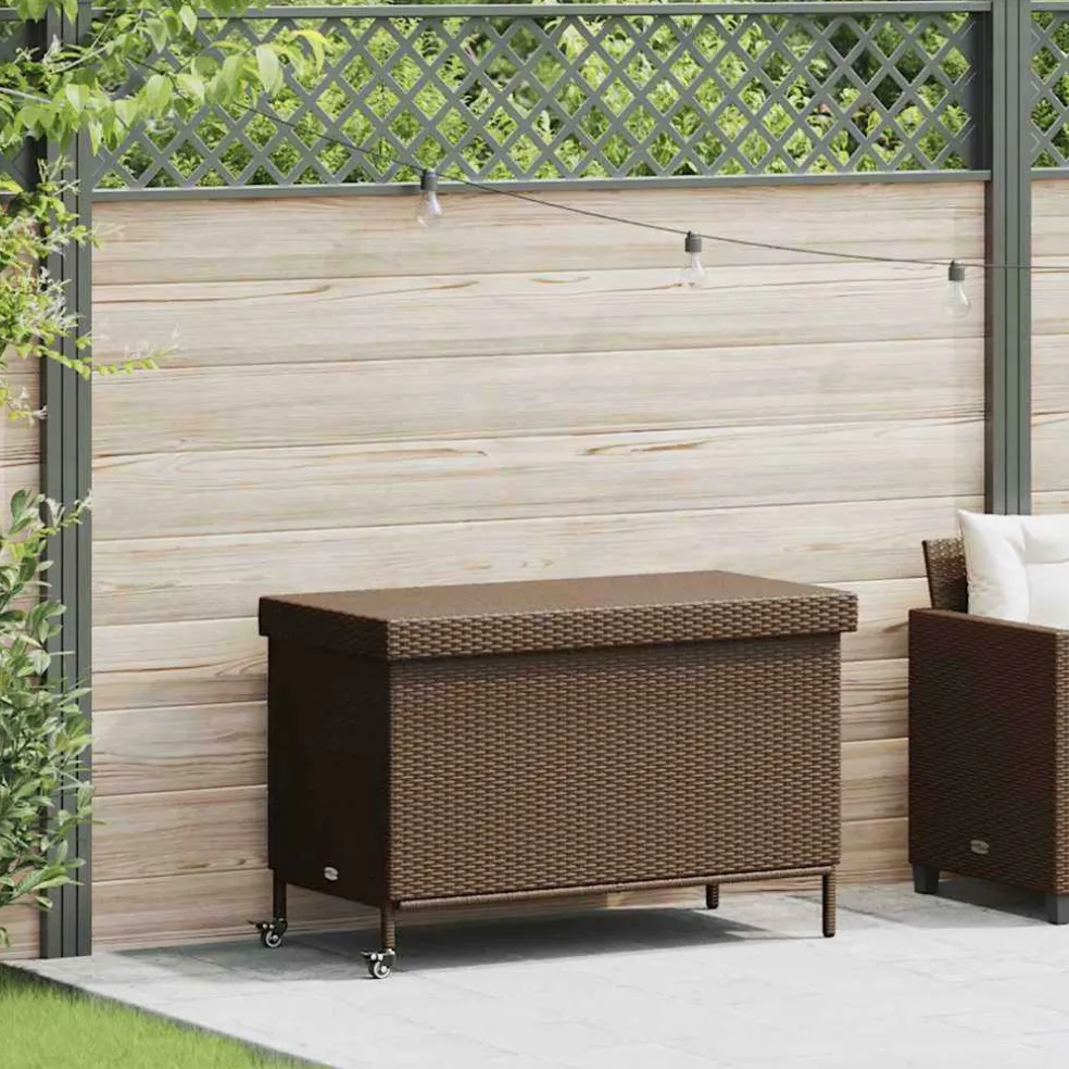 vidaXL Tuinbox met wielen 110x55x73 cm poly rattan bruin