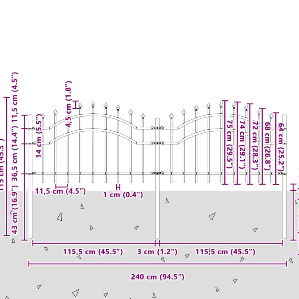 vidaXL Tuinhek Woerden met speerpunt zwart 240x75 cm staal
