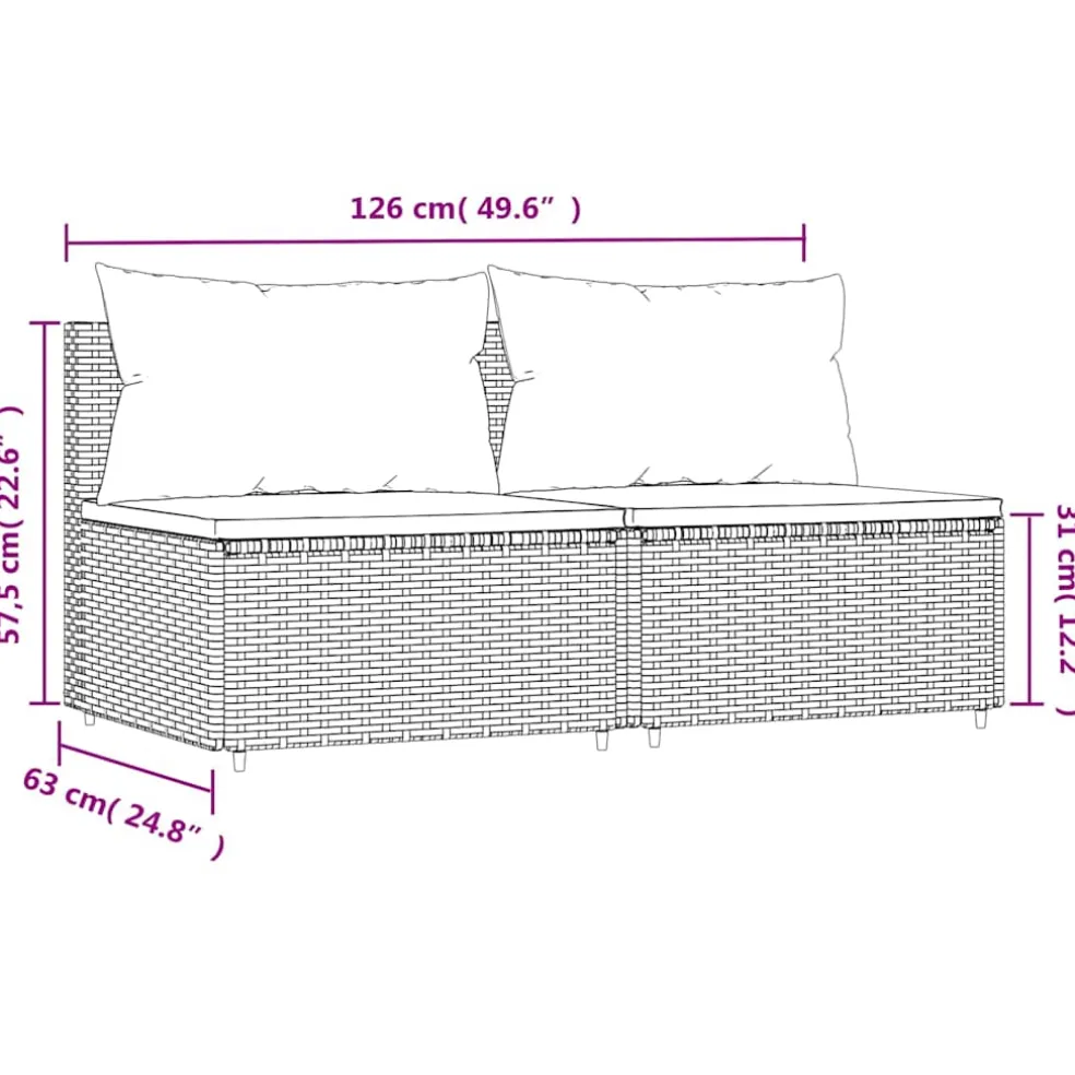 vidaXL Tuinmiddenbank met kussens 2 st poly rattan grijs