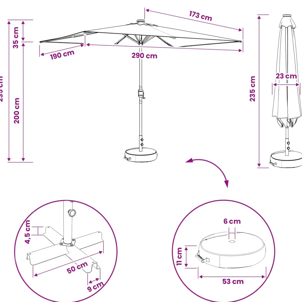 vidaXL Tuinparasol met LED-lampen en voet 200 x 300 cm Polyester Zwart