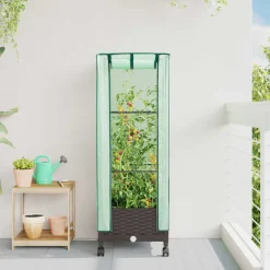 vidaXL Tuinplantenbak met Kasbedekking en Wielen Bruin PP